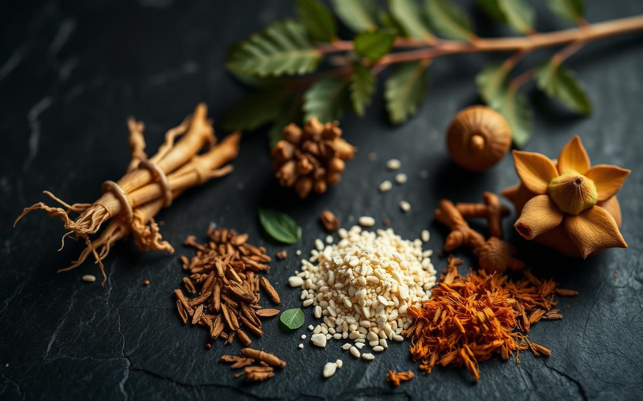 Natural botanical ingredients used in Holy Vigor Male Vitality Supplement including ginseng, maca, and ashwagandha